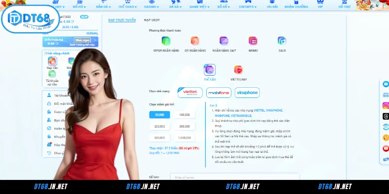 Hướng dẫn chi tiết quy trình nạp tiền DT68